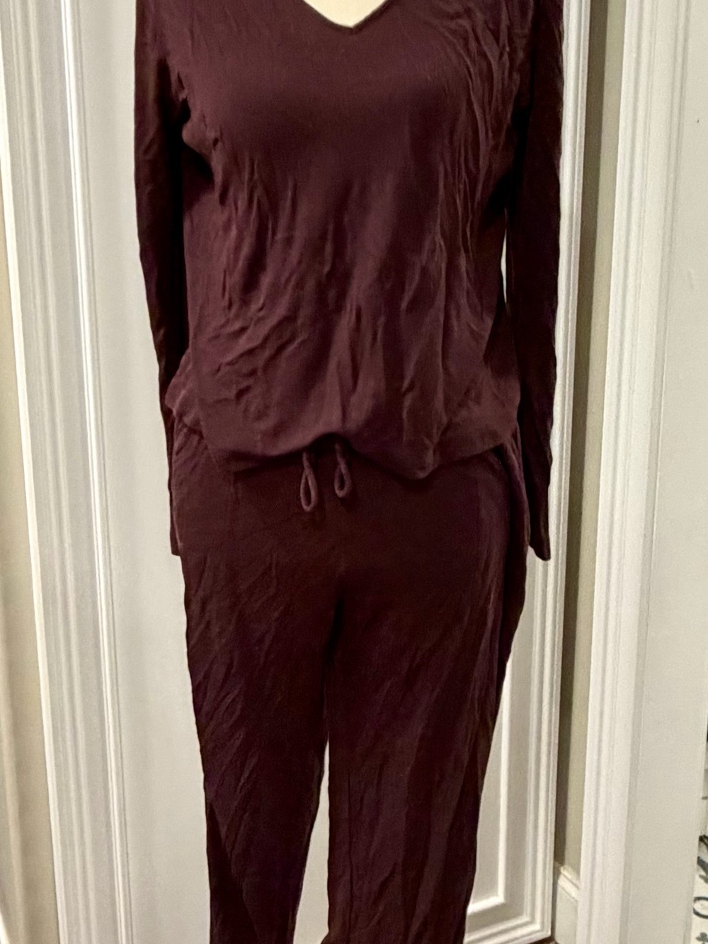 Soma Long‑Sleeve V‑Neck Drawstring Jumpsuit in Burgundy